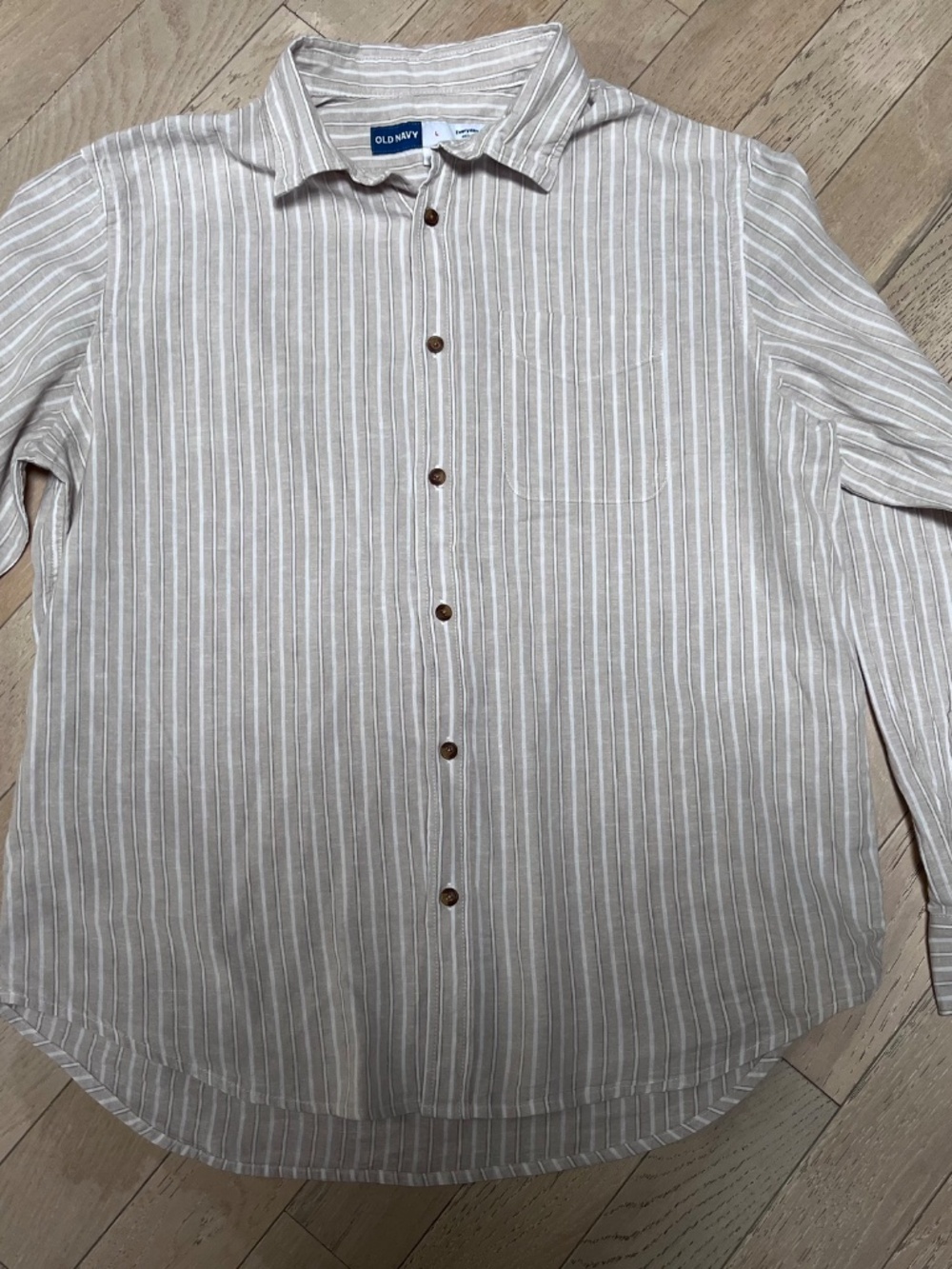 Old Navy Mens Everyday Linen Blend Long Sleeve Sand Stripe Button Down - Large